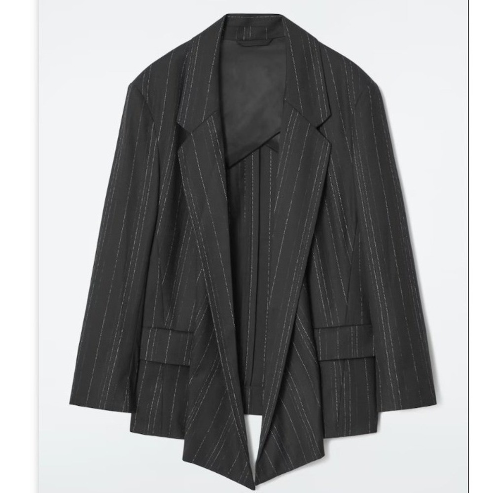 COS Womens Black Wool Blend Pinstripe Draped Open‎ Front Blazer Jacket Sz US 4